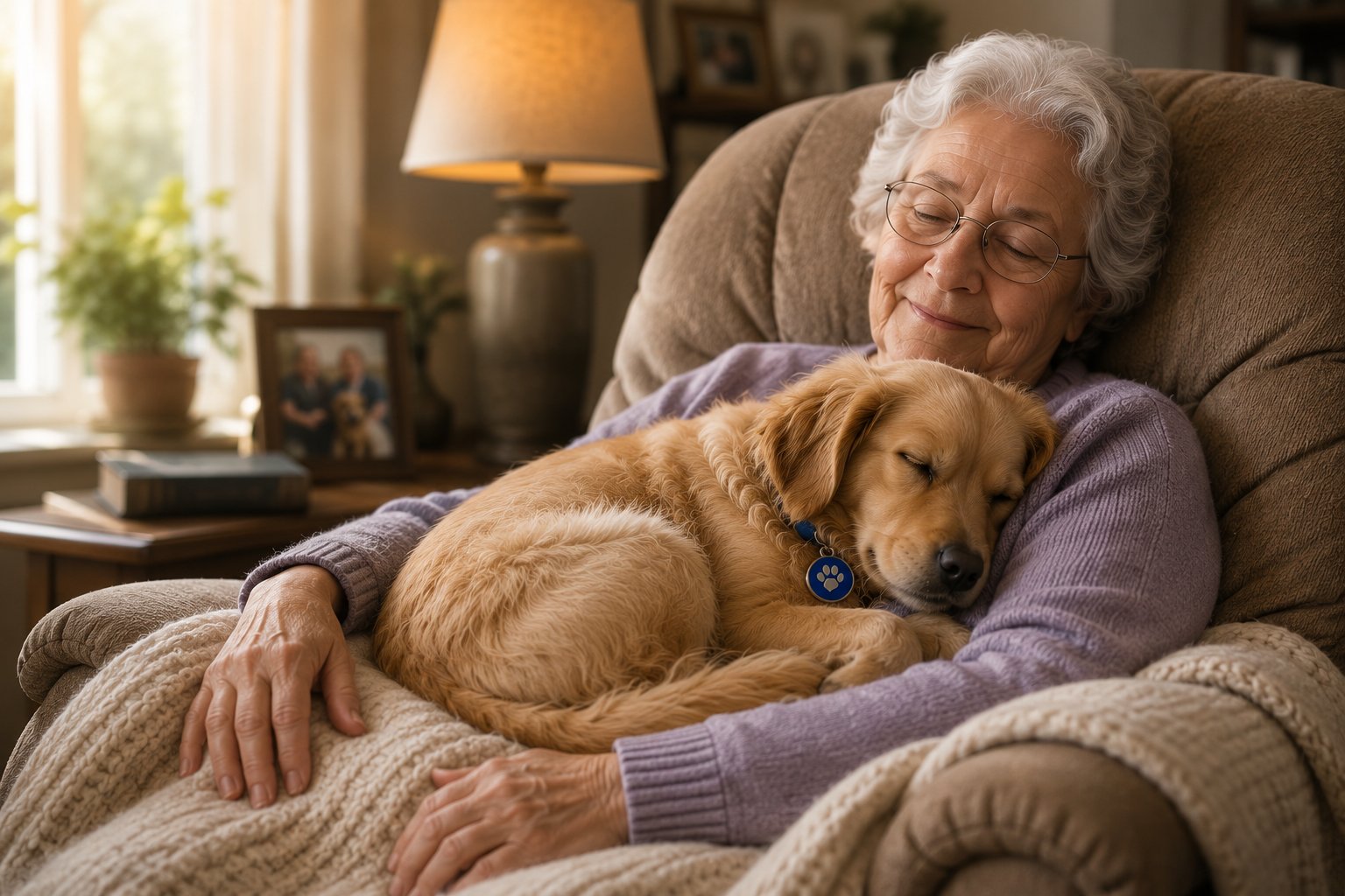 Older adult relaxing in a recliner with her companion dog curled up against her.