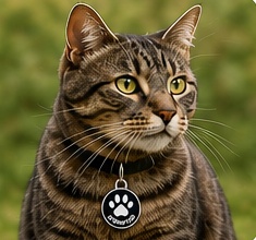 A tabby cat wearing the urSmartID tag on its collar