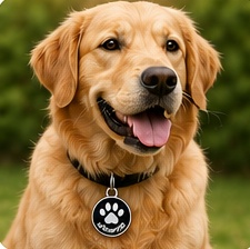 A golden retriever wearing the urSmartID tag on its collar