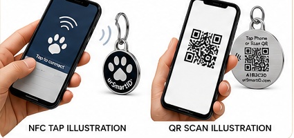 Left: a phone tapping the tag to read its NFC chip. Right: a phone scanning the QR code on the back of the tag.