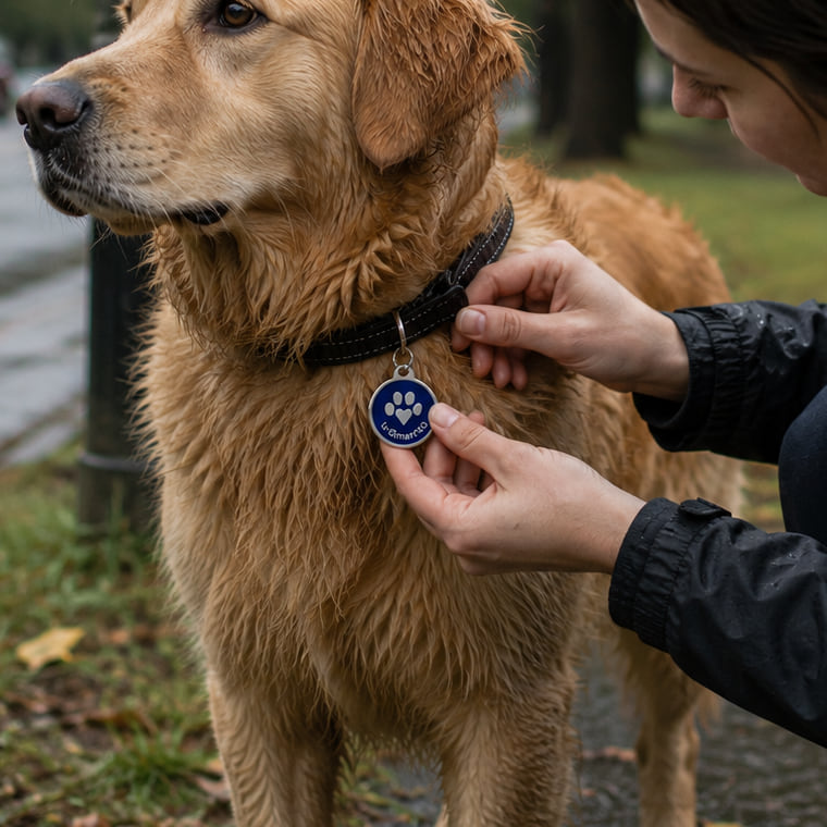 The urSmartID tag attached to a dog's collar.