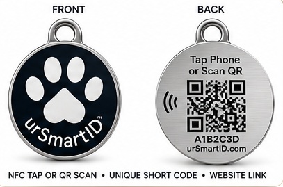 urSmartID smart pet tag — front shows an engraved paw print and the urSmartID wordmark; back shows 'Tap Phone or Scan QR', an NFC icon, a QR code, a unique short code, and ursmartID.com