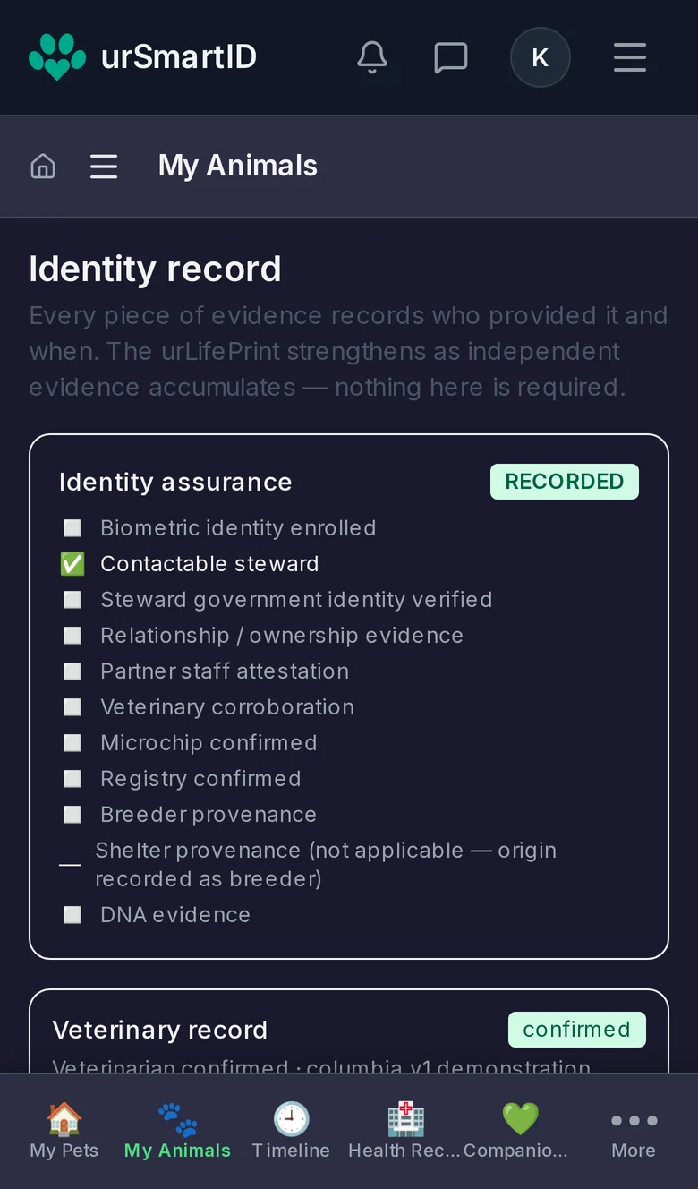 Maple's identity record on a phone: her identity assurance checklist and a confirmed veterinary record.