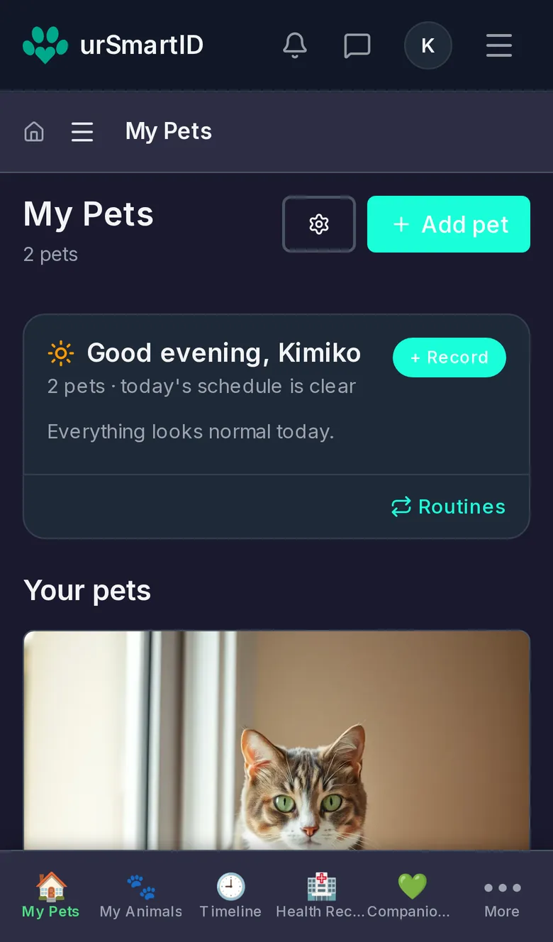 The owner's My Pets dashboard on a phone, greeting the owner, with today's schedule and their pets.