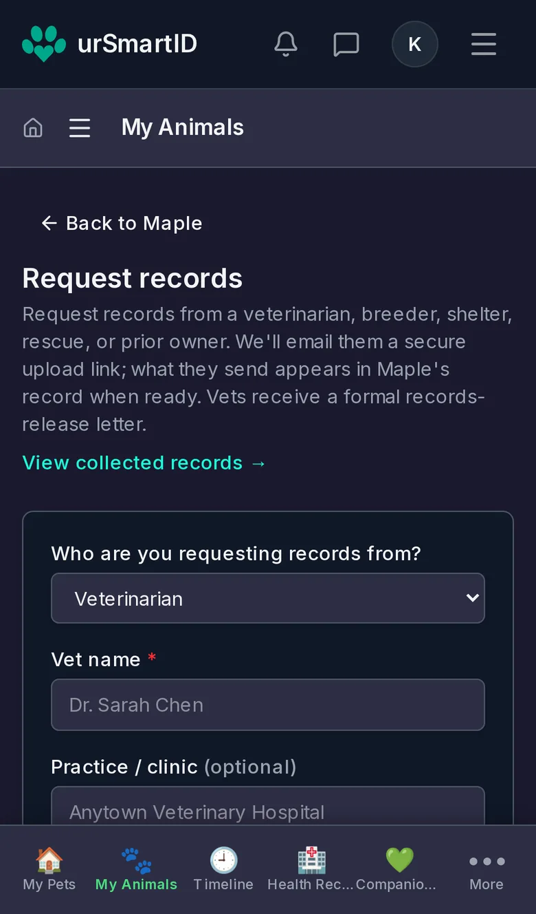 The Request records screen on a phone, choosing who to request records from.