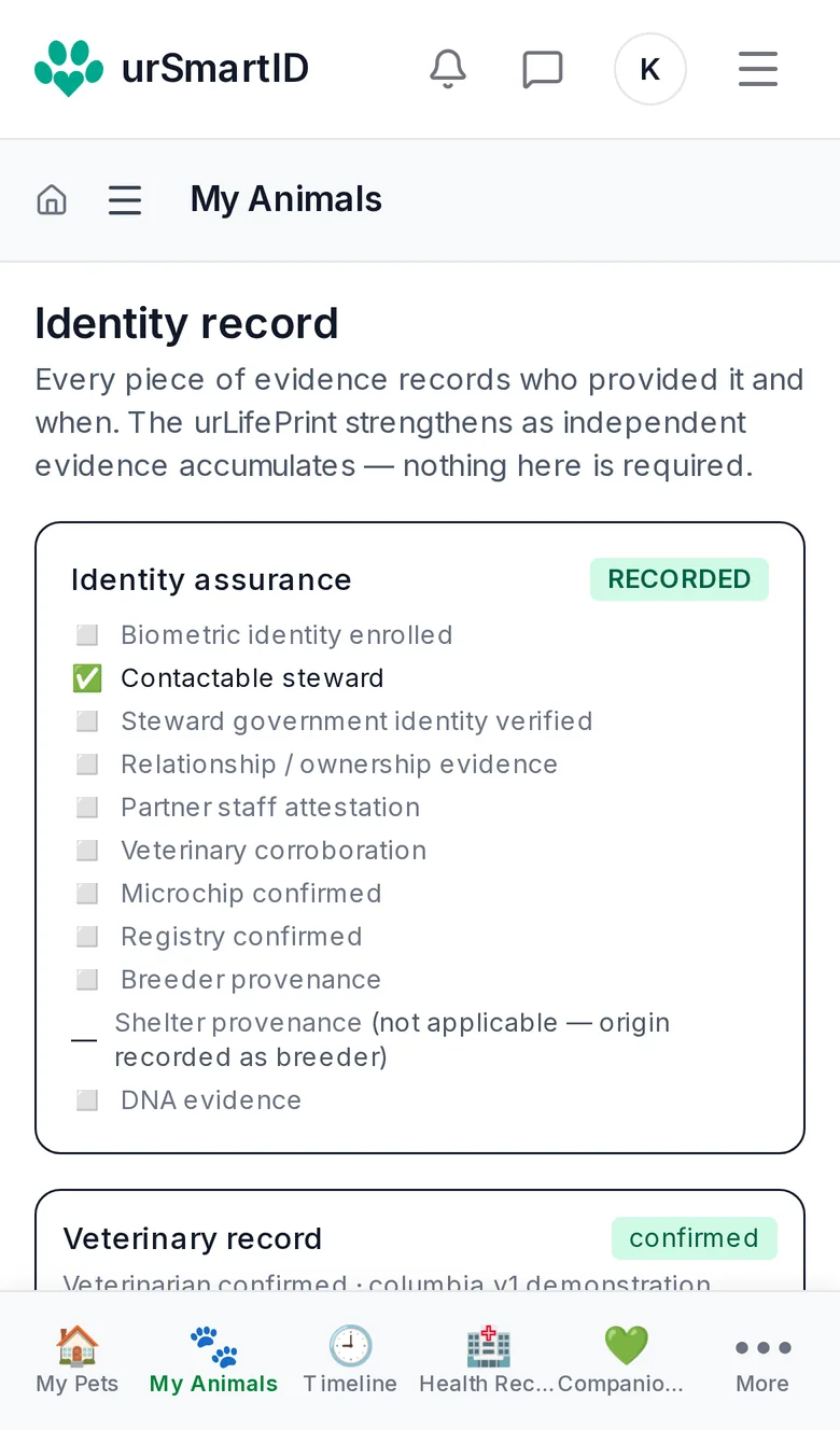 Maple's identity record on a phone: her identity assurance checklist and a confirmed veterinary record.