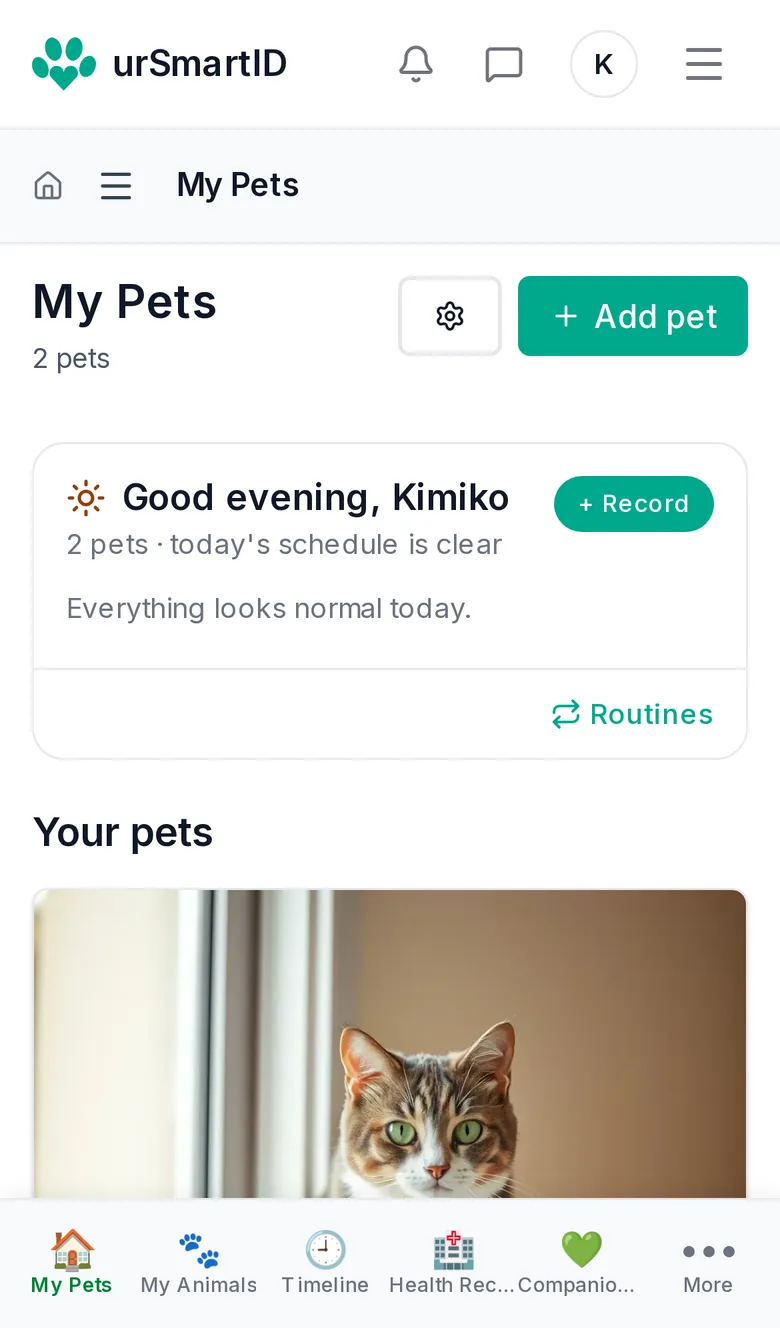 The owner's My Pets dashboard on a phone, greeting the owner, with today's schedule and their pets.