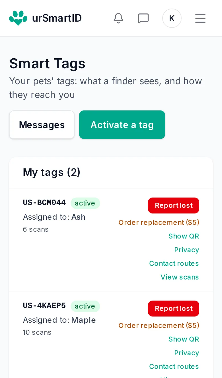 The Smart Tags screen on a phone: two active tags assigned to Ash and Maple, each with Report lost, Order replacement, Show QR, Privacy and Contact routes.