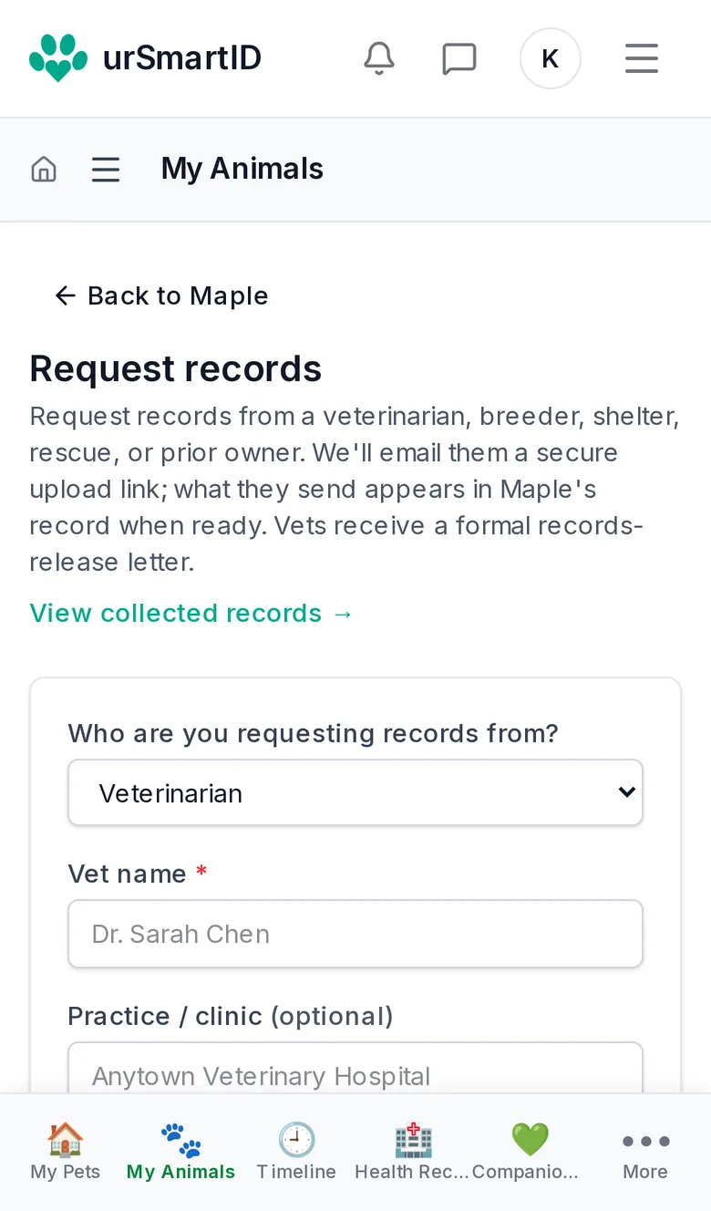 The Request records screen on a phone, choosing who to request records from.